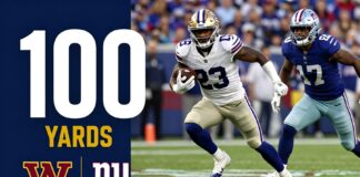 Giants’ Barkley Rushing for 100 Yards Against Commanders