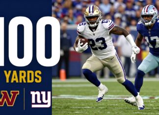 Giants’ Barkley Rushing for 100 Yards Against Commanders